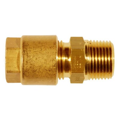 Lige messing union med udvendigt gevind, 6 mm x 1/8", vist med den blanke messingfinish og tydeligt gevind.