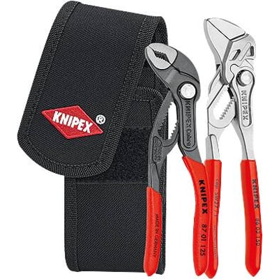 Knipex mini-tangnøgle og Cobra hightech-vandpumpetang præsenteret med en sort polyester bæltetaske med velcro-lukning.