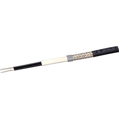 Detaljeret billede af Raychem 8BTV2-CT varmekabel, viser skærm, isolering og sorte tilslutningsledninger.