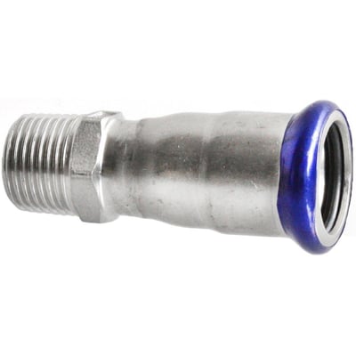 Unico overgangsnippel i rustfrit stål med 42mm pressmuffe og 1 1/4'' udvendigt gevind, med blå EPDM o-ring.