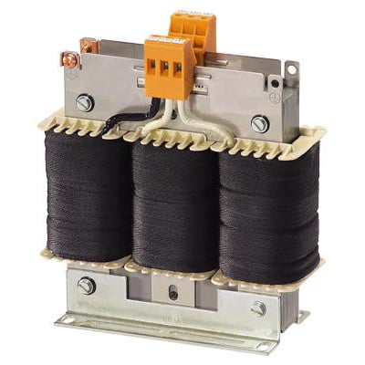 Siemens Sinamics line reaktor til 100KW basis line modul, med tre sorte spoler og orange terminalblokke.