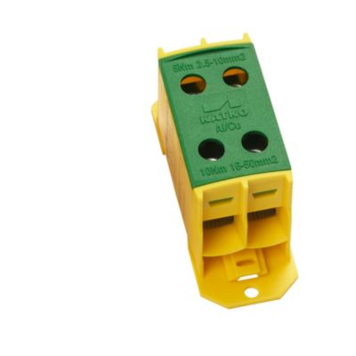 Katko klemme KL2x50PE gul/grøn til Al/Cu kabler 2,5-50 mm² med tydelig mærkning af spænding og kabeltyper.