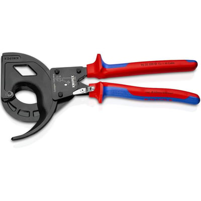 Detaljeret billede af Knipex kabelsaks, der viser 3-gearsbetjening og teksten '95 32 320 Cu + Al-Cable' samt kapaciteten Ø60mm/600mm2.