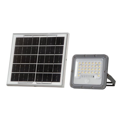 V-Tac LED-solcelleprojektør med PIR-sensor, 10 W og 1500 lm, vist sammen med det separate solpanel.