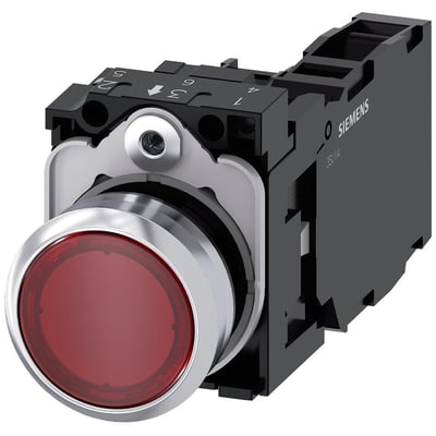 Siemens trykknap 22mm, rund i metal med højglans finish og rød lysende front. Bagpå ses en sort kontaktblok med 1NO/1NC funktion og skrueklemmer.