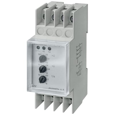 Siemens spændingsrelæ 5TT3 til 3-fasede systemer med AC 230/400V og 2 CO kontakter, viser justeringsknapper for over- og underspænding.