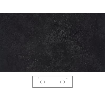 Mørk grafitfarvet Svedbergs-bordplade på 161x46 cm med dobbelt udskæring og armaturhul, vist med skitse.