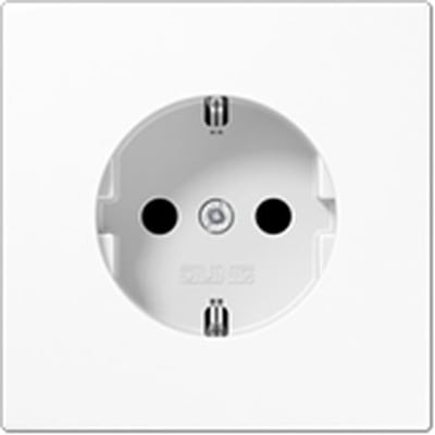 Jung LS Schuko stikkontakt i hvid med børnesikring og 230V 16A kapacitet.