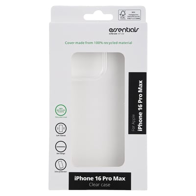 Emballagen til et transparent TPU-cover til iPhone 16 Pro Max med Essentials-logo og udskæringsvindue.