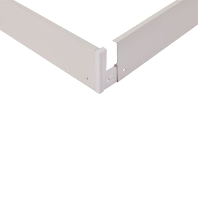 Ansell påbygningsramme 600x600x80 mm i hvid metal, vist som et hjørne med monteringsdetaljer.