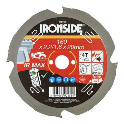 Ironside rundsavklinge til fibercement med fire tænder og grå klinge, set forfra med produktmærkat.
