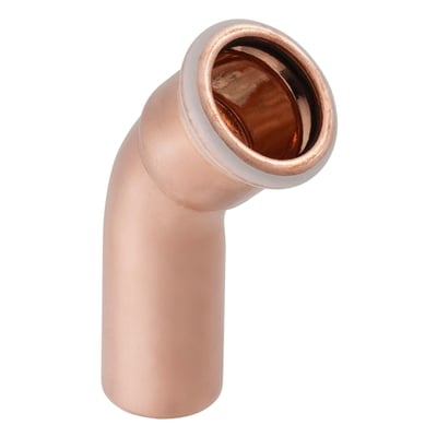 Geberit Mapress 45 graders kobberbøjning med 54 mm muffe og nippel, vist i en realistisk gengivelse med hvid baggrund.