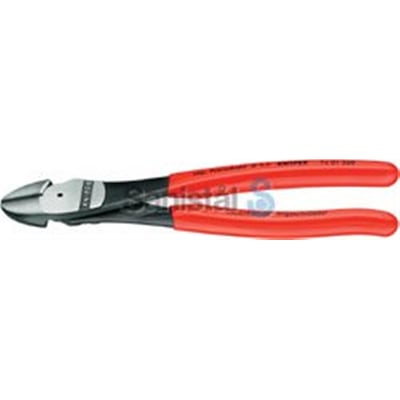 Knipex 7401 kraftsidebidetang i brug, viser de røde greb og den sorte, polerede hoveddel.