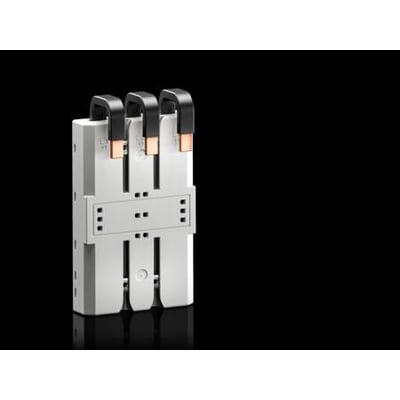 Rittal CB-komponentadapter, 3-polet, viser en hvid adapter med tre sorte håndtag og synlige kobberterminaler mod sort baggrund.