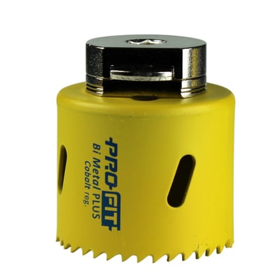 Gul PRO-FIT Plus Cobalt bimetalhulsav på 33 mm med synlige skæretænder og integreret metaladapter.