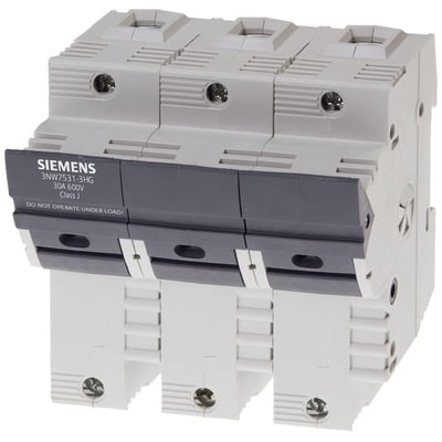Siemens Sentron 3-polet sikringsholder i grå og hvid plast, mærket 30A 600V klasse J og med tekst 'DO NOT OPERATE UNDER LOAD!'.