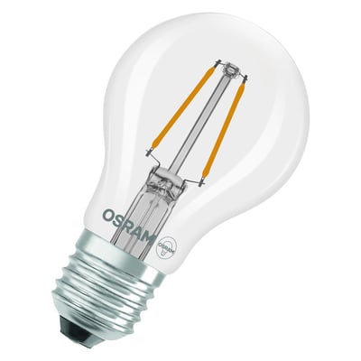 Ledvance OSRAM LED filament pære med E27 sokkel, detaljeret set med logo og klart glas.