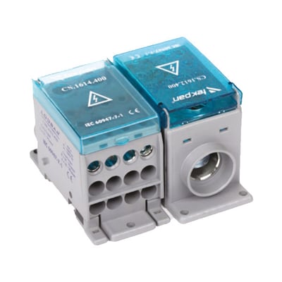 Kompakt distributionsblok CS 1613.400, 400A med blå transparente låg og grå kappe, viser både indgående og udgående terminaler på hvid baggrund.