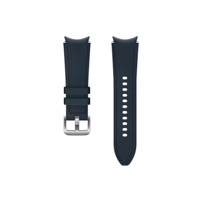 Samsung hybridlæderrem til Watch4 og Watch5 Series i navy, 20 mm og S/M, vist med spænde og justeringshuller.
