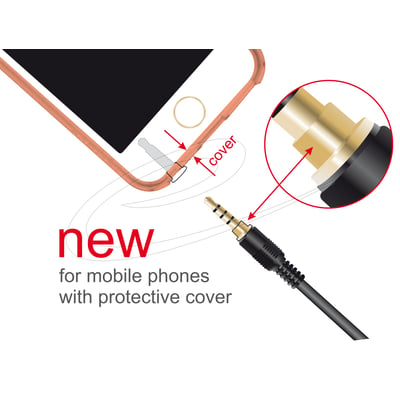 Illustration af DeLock stereojackkabel med 3,5 mm firepolet stik, hvor stikket vises ved et mobilcover.