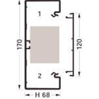 Teknisk tegning af Hager kanalbund profil BRH70172, med dimensioner H 68mm, højde 170mm, bredde 120mm og angivelse af sektioner 1 og 2.