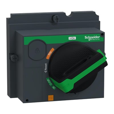 Schneider Electric sort drejehåndtag, vinkelset fra siden, med grøn indikator. Viser O-OFF og Trip mærkater på en grå enhed.