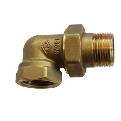 Messing radiatorforskruning vinkelløbende med 3/8" gevind og metal pakflade isoleret på hvid baggrund.