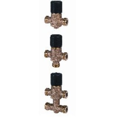 Tre Siemens VXP45.25-6.3 3-vejs ventiler med udvendigt gevind, alle med sort top og messingventilhus.