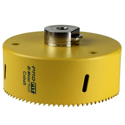 PRO-FIT ProFit Plus Cobalt bimetalhulsav på 121 mm med gul savkop, tandkrans og integreret adapter, set skråt fra siden.