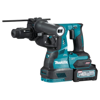 Makita 40V bore-/mejselhammer set fra siden, viser SDS-Plus borepatron og genopladeligt batteri.