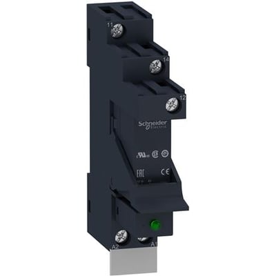 Schneider Electric Zelio RSB stikbensrelæ med 1 C/O kontakt og 230 VAC forsyning. Relæet sidder i en mørkeblå sokkel med terminaler mærket 11, 12, 14, A1 og A2. En grøn LED lyser.