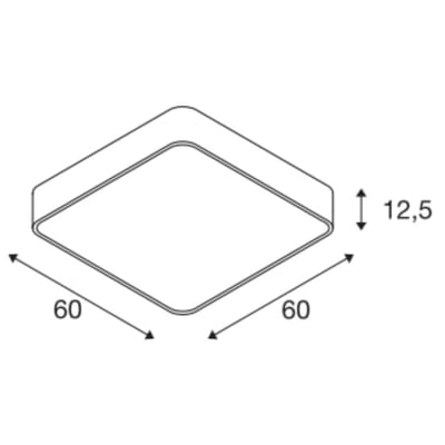 Teknisk tegning af SLV MEDO 60 SQUARE LED loftlampen, viser dimensioner på 60x60 cm og en højde på 12,5 cm.