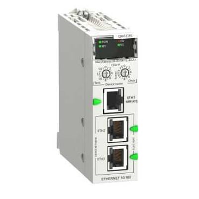 Schneider Electric Modicon X80 ERIO Drop adapter til backplane uden Ethernet med tre Ethernet porte, frontpanel med statuslamper og drejeknap.