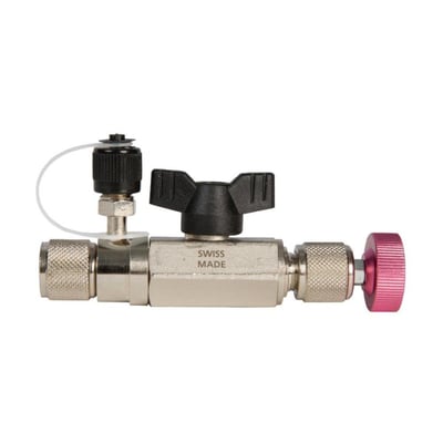 Refco ventilværktøj til R410A med 5/16" SAE ses fra siden med sølvfarvet krop, sort greb og pink drejeknap.
