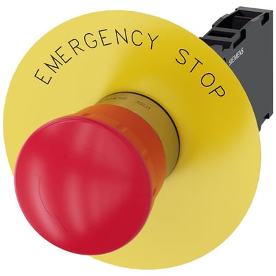 Siemens nødstop med 22 mm diameter, rundt rødt metalhus og 40 mm trykknap med 'EMERGENCY STOP' inskription.