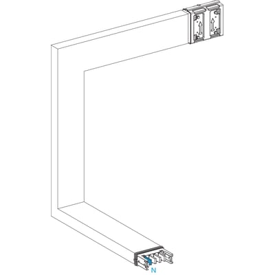 Schneider Electric Canalis vinkel til 400A, 3 ben, vist som en L-formet monteringskanal på hvid baggrund.