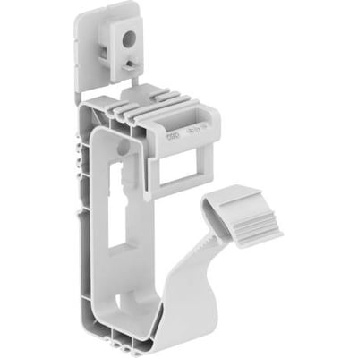 Grå OBO Bettermann kabelholder til maks. 30 kabler à Ø10 mm, vist med holderens form og separate låsedel.