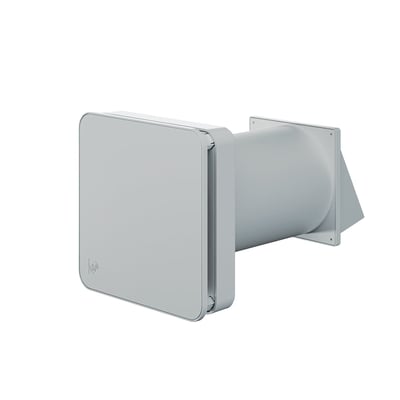 Thermex Narah decentral ventilator med varmegenvinding, Ø160, set skråt forfra med firkantet front og rundt vægrør.
