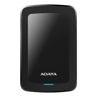 Sort ADATA HV300 ekstern harddisk med 1 TB lagerplads, set forfra med perforeret kant og blå indikator.