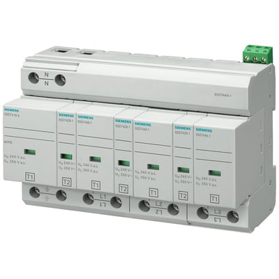 Siemens 5SD7 T1+2 overspændingsafleder med 4 poler og 3+1 kredsløb på en hvid baggrund.