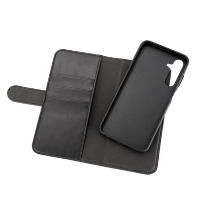 Samsung Galaxy A25 5G PU wallet åben, viser interiøret med kortholdere og aftageligt cover på hvid baggrund.
