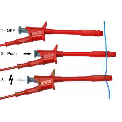 Illustreret vejledning i brug af spændingstyv 6003: 1-OFF, 2-Push og 3-måling på blå ledning.