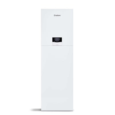 Vaillant uniTOWER Basic VWL 78/8.2 IS S5 indedel i hvid, med integreret varmtvandsbeholder og betjeningspanel på fronten.