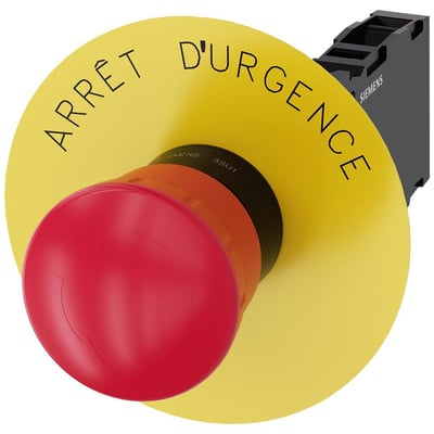 Siemens rødt nødstop med 40 mm diameter og gul bagplade med teksten 'Arrêt d'urgence', 1 NO/1 NC kontakt.