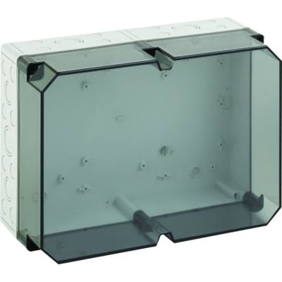 Spelsberg TK PS 3625-16-TM kasse med grå bund og transparent låg, 361 x 254 x 165 mm. Synlige monteringspunkter indeni.