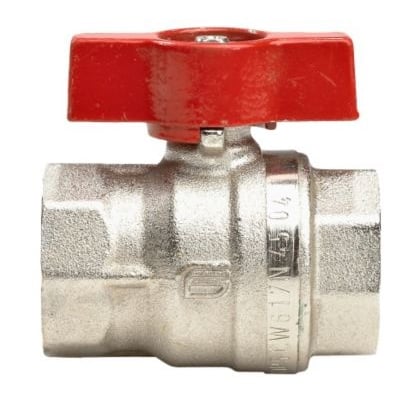 GRAMETA kuglehane 1/2" muffe/muffe i messing med rødt T-greb og en byggelængde på 47 mm, PN 25.