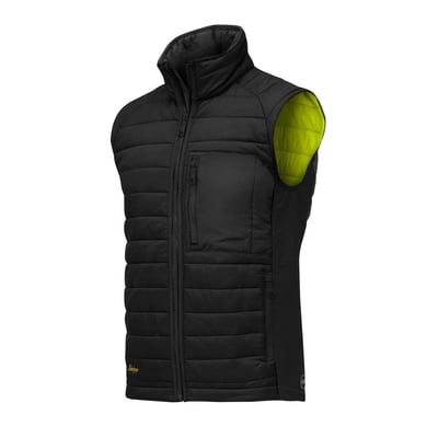 Snickers Workwear Termovest 4512 i sort, 2XL, med kontrastfarvet limegrøn inderfor, vist fra siden.