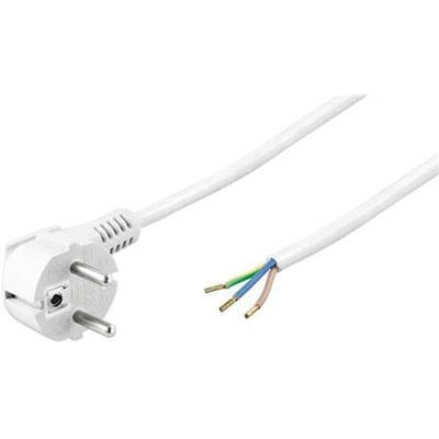Hvid tilledning 3G1,0 med vinklet Schuko stikprop i den ene ende og afisolerede ledere i den anden ende, 2 meter lang.