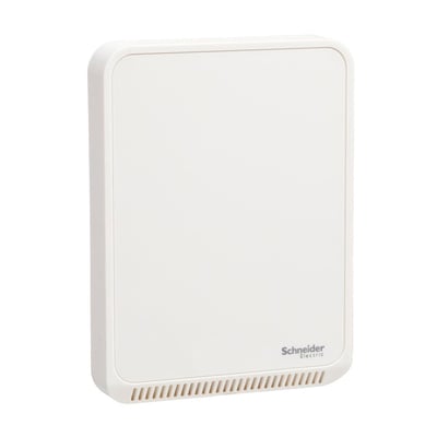 Schneider Electric luftkvalitetssensor SLP-serie til vægmontering med mat hvid finish, der måler CO2, fugtighed og temperatur.