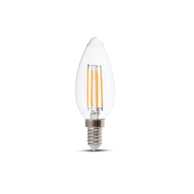 V-TAC 4W LED kertepære med E14 fatning, varm hvid, 400lm, RA80, visuelt ensartet og enkel på hvid baggrund.
